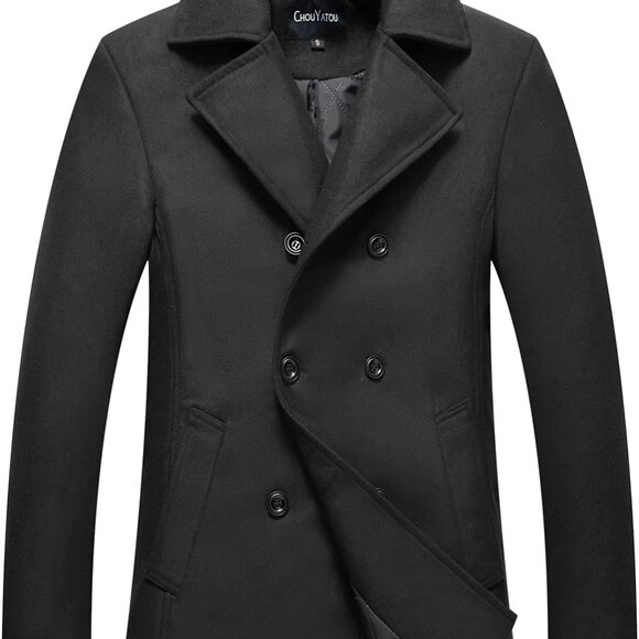 Men's Classic Notched Collar Double Breasted Wool Blend Pea Coat